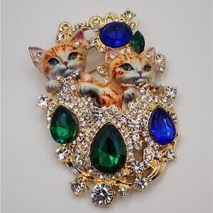 Cat Kitten Brooch Kitschy Faux Jewels and Rhinestone on Gold Tone Metal